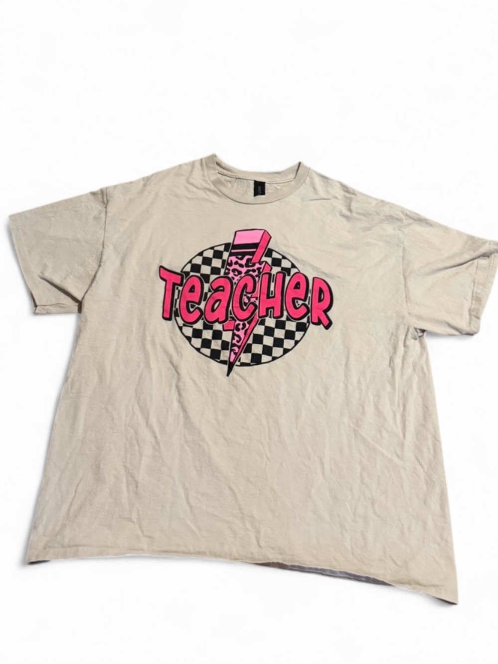 Gildan Beige Short Sleeve Tee with Pink Teacher Graphic